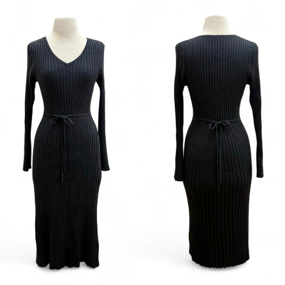 Quince Organic Cotton Cashmere Ribbed Long Sleeve V-Neck Midi Sweater Dress L/XL